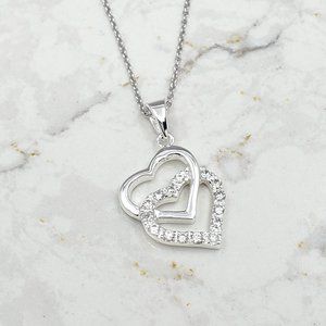 Sterling Silver CZ Interlock Double Heart Pendant
